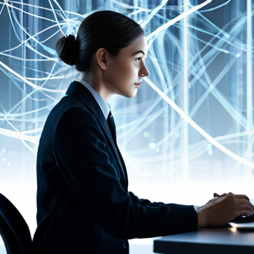 A professional adult individual, fully clothed in modest business attire, sits contemplatively at a sleek, minimalist desk within a modern, abstract digital environment. Subtle, glowing data streams and interconnected digital lines flow around them, representing the unseen network of information. The scene is illuminated by soft, ambient light, creating a professional and thoughtful atmosphere. Perfect anatomy, correct proportions, natural pose, well-formed hands, proper finger count, natural body proportions, professional photography, high quality, safe for work, appropriate content, family-friendly.