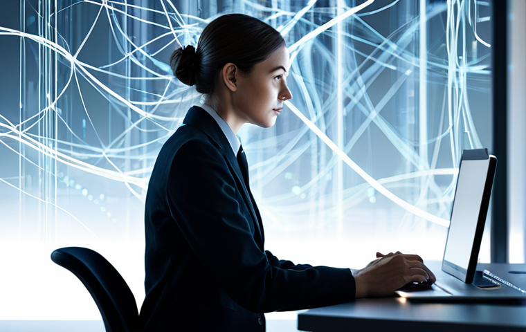 A professional adult individual, fully clothed in modest business attire, sits contemplatively at a sleek, minimalist desk within a modern, abstract digital environment. Subtle, glowing data streams and interconnected digital lines flow around them, representing the unseen network of information. The scene is illuminated by soft, ambient light, creating a professional and thoughtful atmosphere. Perfect anatomy, correct proportions, natural pose, well-formed hands, proper finger count, natural body proportions, professional photography, high quality, safe for work, appropriate content, family-friendly.