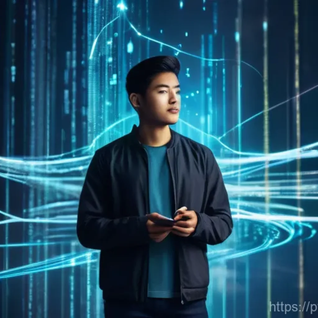 자기주권을 위한 데이터 관리 전략 - **Prompt:** A young adult, dressed in casual, modern clothing, confidently standing amidst a swirlin...