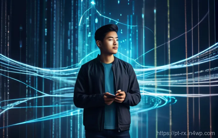 자기주권을 위한 데이터 관리 전략 - **Prompt:** A young adult, dressed in casual, modern clothing, confidently standing amidst a swirlin...