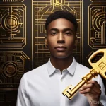 개인정보 자기주권을 위한 데이터 정책 제안 - **"Digital Sovereignty: The Golden Key"**
    A captivating portrait of a diverse person (20s-30s), ...