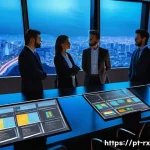 개인정보 자기주권과 디지털 휴먼 권리 - A futuristic digital control room with a diverse group of Brazilian professionals analyzing and mana...