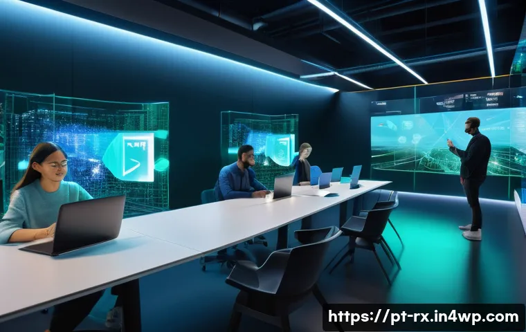 자기주권을 위한 기술 혁신 동향 - A futuristic digital workspace showing a diverse group of adult users interacting with decentralized...