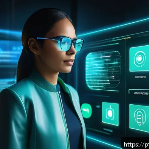 Home 31 자기주권과 데이터 책임의 미래 - A futuristic digital user interface scene showing a diverse adult person interacting with a holograp...