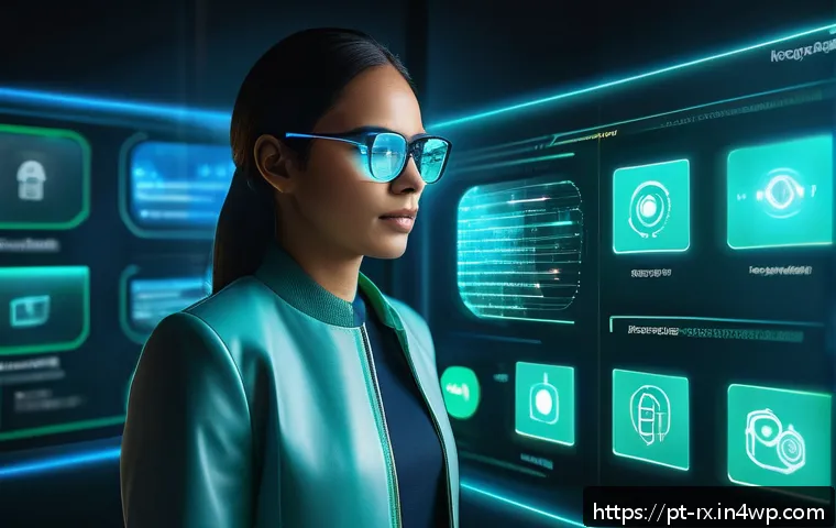 자기주권과 데이터 책임의 미래 - A futuristic digital user interface scene showing a diverse adult person interacting with a holograp...