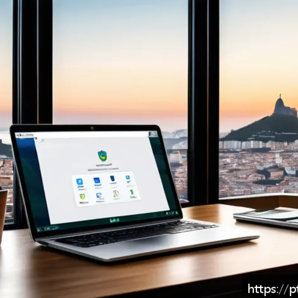 개인정보 자기주권을 위한 기술 도구 - A modern home office setup with a sleek laptop displaying a password manager interface on screen, su...