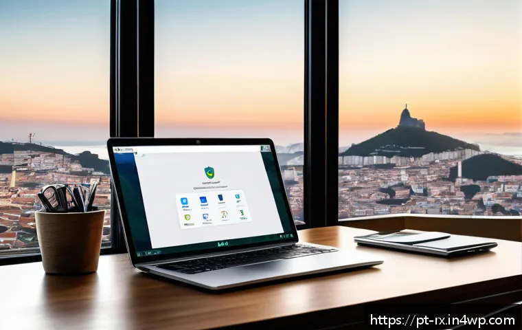 개인정보 자기주권을 위한 기술 도구 - A modern home office setup with a sleek laptop displaying a password manager interface on screen, su...