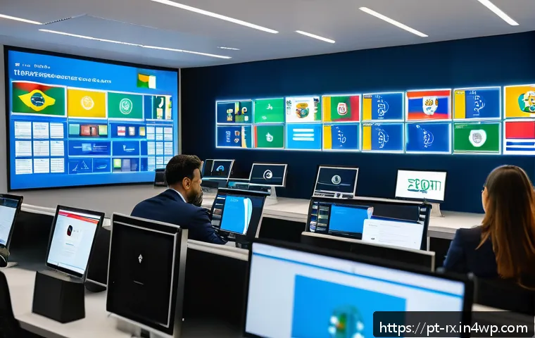 개인정보 자기주권을 위한 제도적 개선 방향 - A modern office scene in Brazil with diverse professionals collaborating on digital privacy laws, fe...